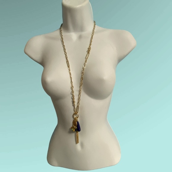 LOFT Long Goldtone Chain Dangle Charms Lapis Lazuli Natural Stones - Picture 4 of 5